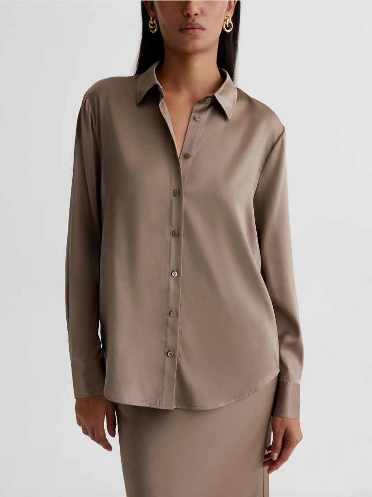 Nwt Ag Shiela Luxe Silk Relaxed Long Sleeve Shirt In Brooklyn Taupe